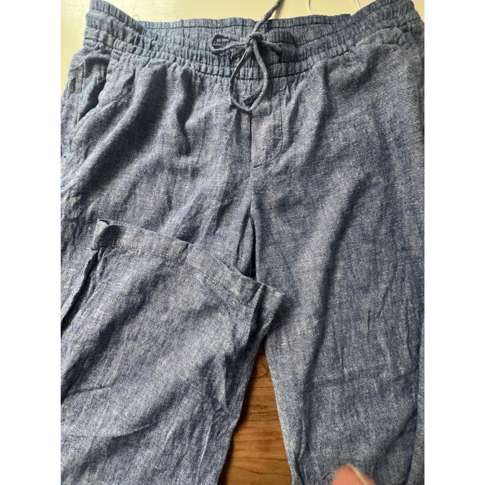 Blue Linen Blend Drawstring Elastic Waist Med Relaxed Straight Leg Pants Womens